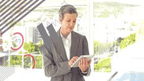 Using tablet with data animation and world map, businesswoman analyzing information. Technology, analytics, global, corporate, statistics, innovation - Powered by Shutterstock - Get 15% off with code: PIKWIZARD15