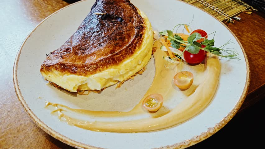 Close-up of delicious ham omelette with fresh veggies with sauce and garnish