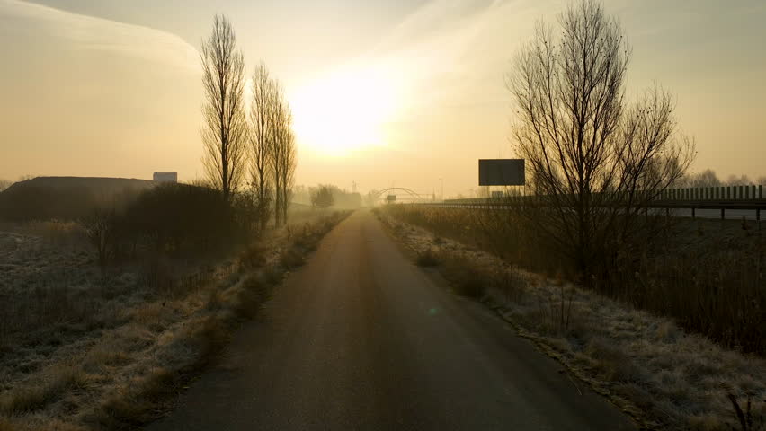 Aerial shot of a countryside road at dawn, lined with leafless trees, mist in the background, and golden sunlight creating a tranquil atmosphere
