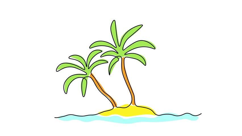 Abstract island in the ocean with palm trees, Self drawing animation one continuous line draw, logo