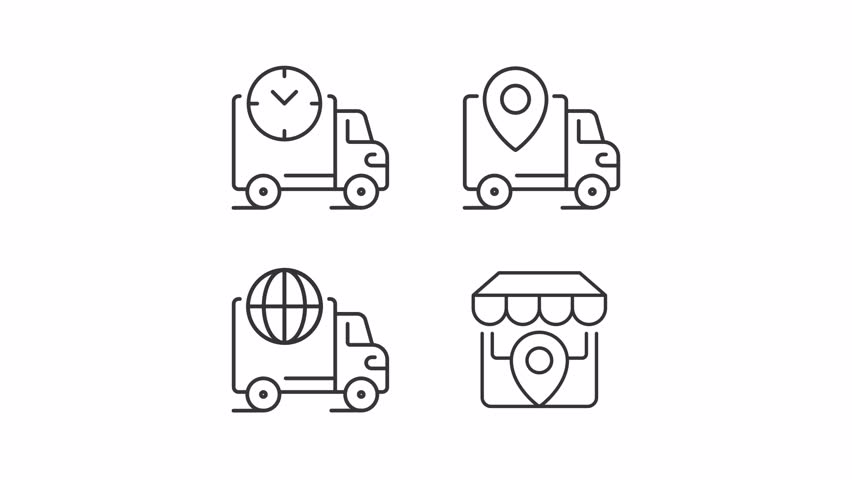 Logistics animation set. Product distribution animated line icons. Worldwide delivery, transportation. Black illustrations on white background. HD video with alpha channel. Motion graphic