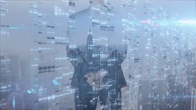 Animation of city skyline with DNA sequence overlaying silhouette of businessperson. Biotechnology, urban, genetics, innovation, science, digital - Powered by Shutterstock - Get 15% off with code: PIKWIZARD15