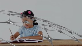 Young girl writing in notebook with network connections animation overlay. Technology, innovation, education, learning, digital, connectivity - Powered by Shutterstock - Get 15% off with code: PIKWIZARD15