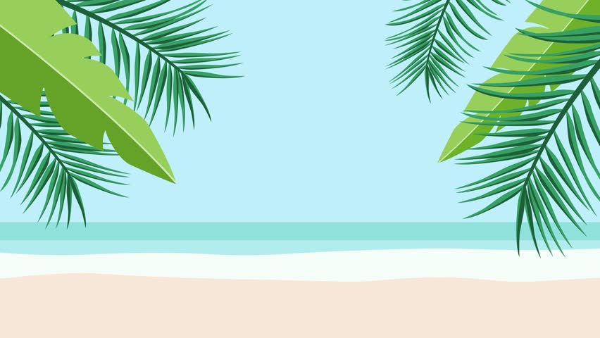 Tropical beach with palm trees framing a beautiful seascape on a sunny day, perfect for summer vacation advertising. Animated video in seamless looping and copy space for your text