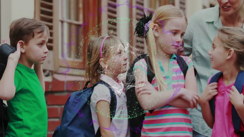 Teacher interacting with young students, digital network animation overlaying scene. Education, mentoring, technology, communication, classroom, connectivity - Powered by Shutterstock - Get 15% off with code: PIKWIZARD15