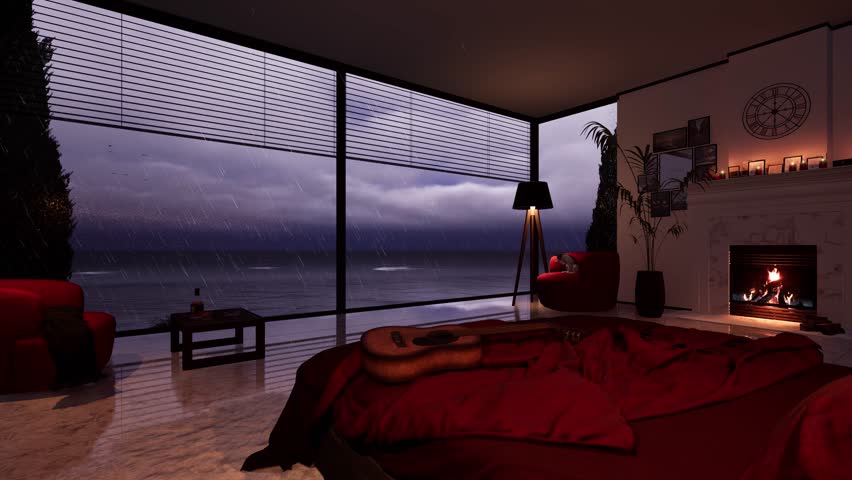 Cozy atmosphere in a modern bedroom with a burning fireplace and a beautiful view of the sea in rainy weather. 3D animation background for relaxation and rest.
