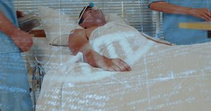 Medical data processing animation over patient receiving care in hospital bed. Healthcare, technology, innovation, treatment, monitoring, data analysis - Powered by Shutterstock - Get 15% off with code: PIKWIZARD15