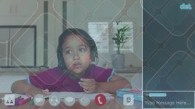 Child in school using video chat with animation and messaging icons overlay. Remote learning, technology, communication, online education, digital, virtual - Powered by Shutterstock - Get 15% off with code: PIKWIZARD15