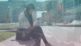 Young woman using tablet outdoors with digital data processing animation overlay. Technology, innovation, futuristic, virtual, connectivity, communication - Powered by Shutterstock - Get 15% off with code: PIKWIZARD15