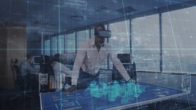 Using virtual reality headset, man interacting with digital city animation in office. Technology, innovation, immersive, futuristic, interaction, workspace - Powered by Shutterstock - Get 15% off with code: PIKWIZARD15