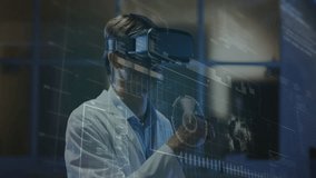 Wearing VR headset, scientist analyzing digital data overlay in laboratory. Technology, innovation, research, science, investigation, futuristic - Powered by Shutterstock - Get 15% off with code: PIKWIZARD15