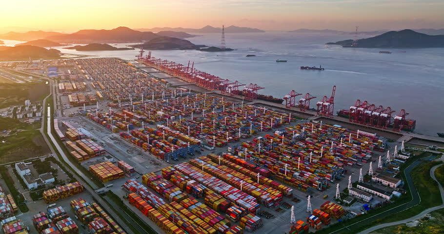 Aerial view of container terminal at sunset in Ningbo