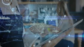 Network of connections and data processing animation over person in office setting. Technology, networking, digital, connectivity, communication, innovation - Powered by Shutterstock - Get 15% off with code: PIKWIZARD15