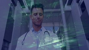 Observing digital data processing, doctor with stethoscope in futuristic building. Healthcare, technology, innovation, analysis, medicine, medical - Powered by Shutterstock - Get 15% off with code: PIKWIZARD15
