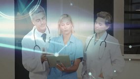Medical professionals discussing patient data with digital network overlay animation. Healthcare, technology, innovation, communication, collaboration, networking - Powered by Shutterstock - Get 15% off with code: PIKWIZARD15