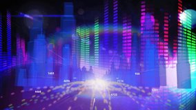 Colorful equalizer bars and numbers animation over cityscape with bright light. Technology, innovation, digital, urban, vibrant, futuristic - Powered by Shutterstock - Get 15% off with code: PIKWIZARD15