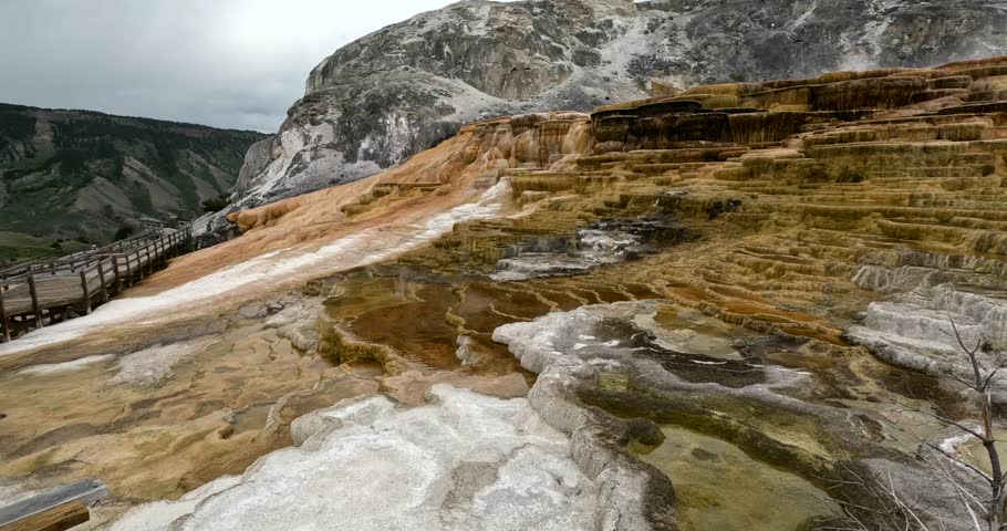Travertine Terraces At Mammoth Hot Springs. Yellowstone National Park, USA.