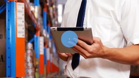 In warehouse, businessman using tablet with network animation of digital icons. Technology, logistics, connectivity, innovation, industry, management - Powered by Shutterstock - Get 15% off with code: PIKWIZARD15