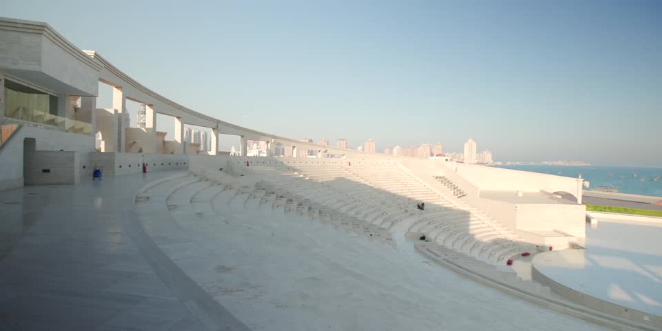Panoramic view of concrete pillars, Amphitheater In Katara Cultural Village In Doha, Qatar.
