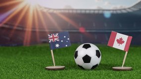 australia vs canada football match with flags, soccer ball on green field, and blurred stadium, symbolizing international sportsmanship and competition - Powered by Shutterstock - Get 15% off with code: PIKWIZARD15