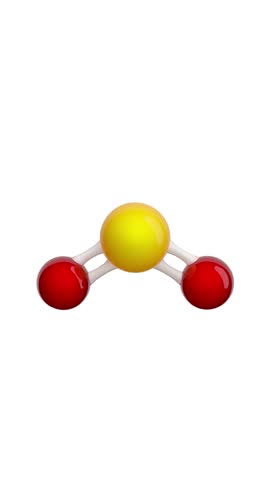 Molecule: Sulfur Dioxide. Chemical Structure Model: Ball and stick. Molecular Formula: SO2. Isolated on a white background. Seamless looping Vertical video. 3D render.