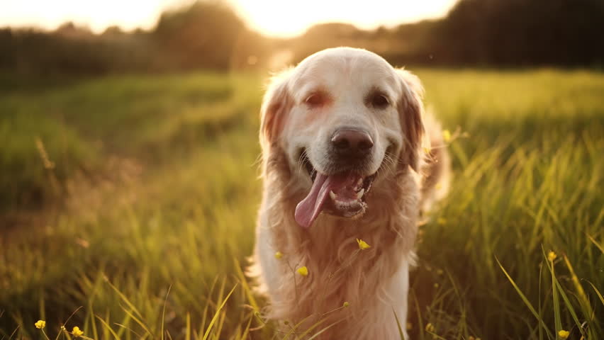 Adorable Golden Retriever Dog Walking On A Field At Sunset, Looking Happy