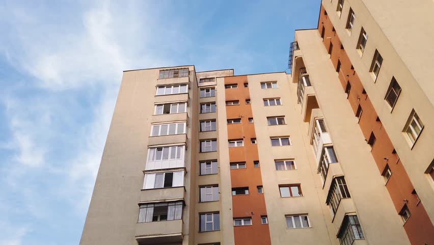 Post Soviet thermal insulated flat of blocks built in the Communist era, concrete apartment buildings. Romania, Eastern Europe