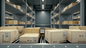 Parcels "MADE IN CHINA" moving on warehouse conveyor belts. Cardboard boxes flow through distribution facility with storage shelves. Perfect for e-commerce and global trade. 4K Loopable animation. - Powered by Shutterstock - Get 15% off with code: PIKWIZARD15