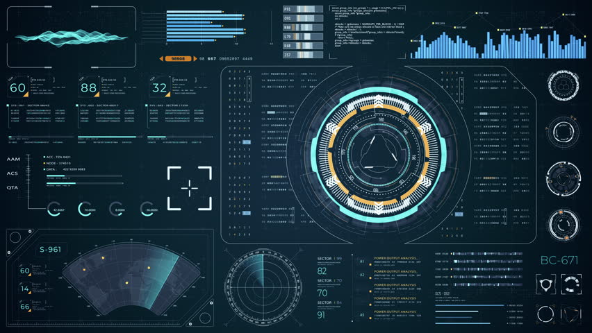 Motion graphic of Blue digital Head up display (HUD UI) and circuit panel technology interface screen with futuristic elements graph and chat panel abstract background video concepts