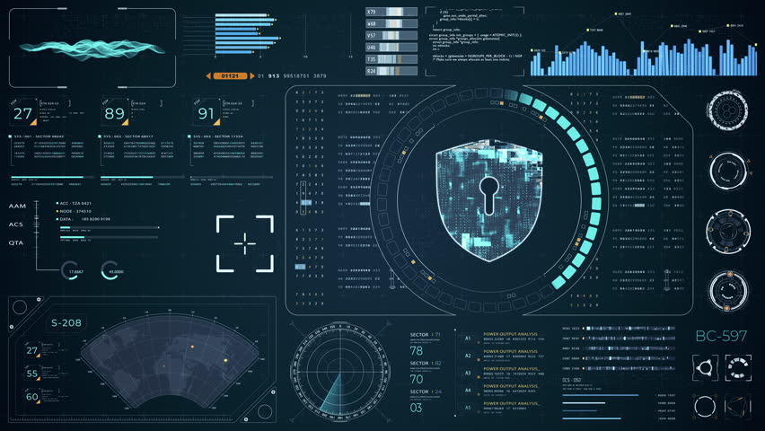 Motion graphic of Blue digital security shield with head up display (HUD UI) and circuit panel futuristic abstract background network firewall technology and data secure video concepts - Powered by Shutterstock - Get 15% off with code: PIKWIZARD15