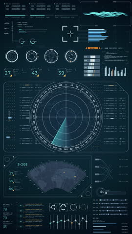 Motion graphic of Blue color sonar radar screen searching an object with futuristic head up display (HUD UI) technology interface screen and chat panel abstract background vertical video concepts