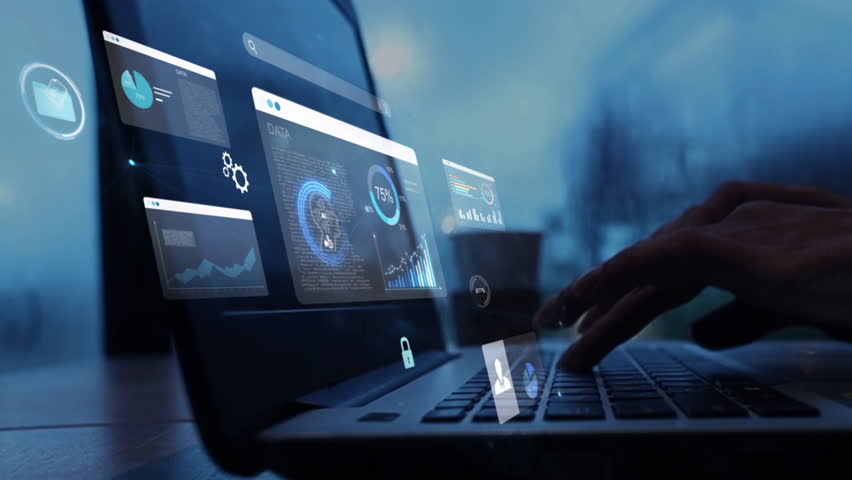 woman analyst uses a computer AI artificial intelligence and dashboard for data business analysis and Data Management System with KPI and metrics connected to the database for technology finance,

