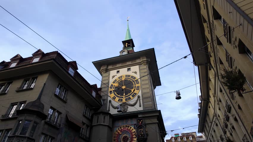 Clock tower in Bern, Switzerland, showcasing its unique medieval design and large clock
