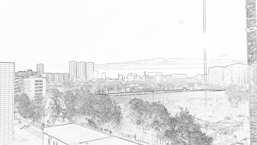 beautiful sunrise over a big city, multi-story residential buildings and skyscrapers, pencil sketches