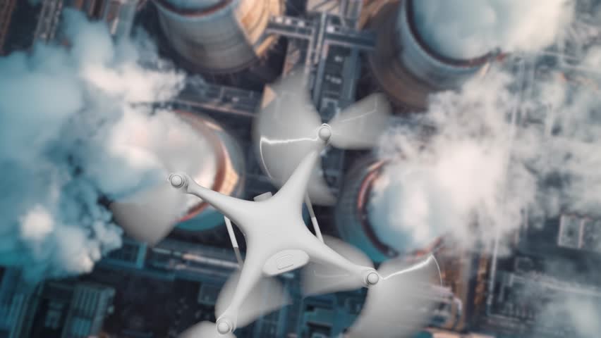 Real UAV Quadcopter Drone Flying Near A Power Plant. Drone Restricted No-Fly Zone Series.