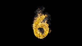 Seamless Loop 3D animation of the number 6 (six) engulfed in realistic yellow-orange fire and dark smoke on a transparent  background, alpha channel. 4K. - Powered by Shutterstock - Get 15% off with code: PIKWIZARD15