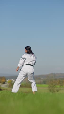 A skilled, highflying martial artist performs a powerful and impressive kick in a beautiful, scenic outdoor setting. Super slow motion. Martial Artist Skillfully Executing a Round Kick 