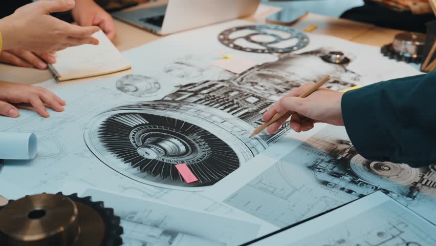 Engineering professionals engage in an in-depth discussion over detailed blueprints, analyzing mechanical components and parts, showcasing teamwork and precision in design. SACTR