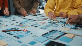 A diverse team engages in a collaborative design session, reviewing user interface wireframes on a table filled with sticky notes and digital devices in a modern workspace. SACTR - Powered by Shutterstock - Get 15% off with code: PIKWIZARD15
