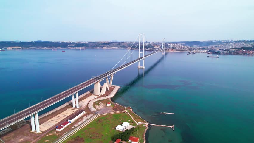 Osmangazi Bridge in Kocaeli, Turkey. Aerial shot with drone.