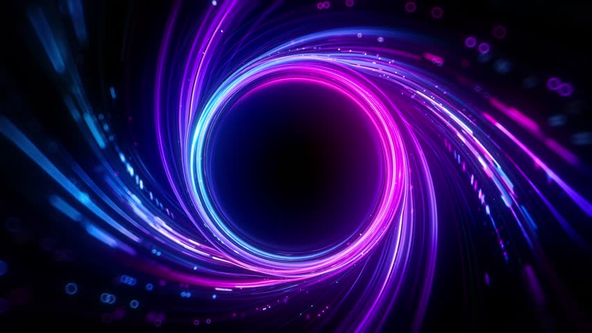 Glowing swirling vortex of vibrant light trails in blue, purple and pink color on a dark background. Concept of big data, block chain and digital technology. Template with free copy space for text.