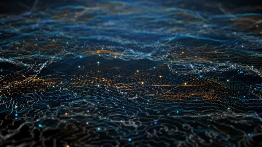 Flying through futuristic digital geology terrain, digital data telemetry and engineer topography with contour lines. 3D wireframe cartography concept. 