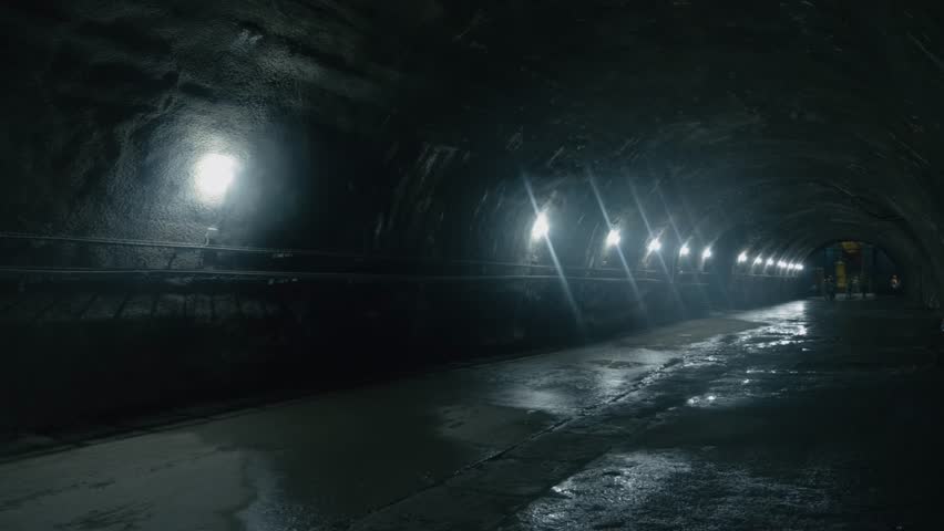 Dark underground tunnel with artificial lights reflecting on wet concrete floor. Industrial pipes run along rugged walls. Mysterious atmosphere with distant figures at tunnel end