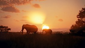 A pair of elephants, one big and one small, cross the savannah against the backdrop of a majestic African sunset. The animals cross the golden disk of the sun, capturing an amazing moment of wild life - Powered by Shutterstock - Get 15% off with code: PIKWIZARD15