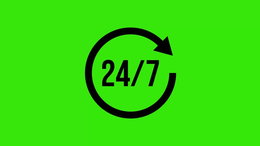 24 7 service symbol animation in 4K on a green background