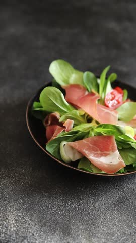 Jambon salad jamon meat vegetables dish fresh delicious gourmet food background on table rustic food top view copy space