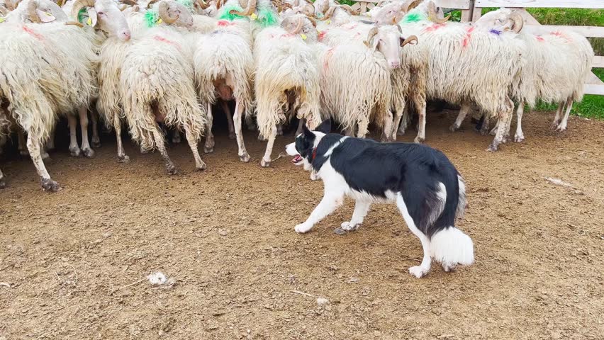 Sheep farm in the Pyrenees mountains, France, an area famous for its sheep cheese production and dairy farming in Southern Europe. A Border Collie shepherd dog skillfully controls the flock of sheep.