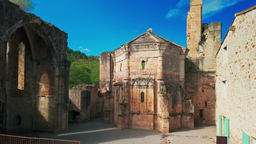 Ruins of ninth century Benedictine abbey of Notre Dame in village of Alet-les-Bains in Aude, France