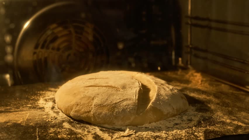 Homemade organic dough bread in kitchen oven. Making bread and eco production. Baker bakes food at bakery. Organic fresh bread. Sourdough bread being baked in oven. Close-up in 4K, UHD