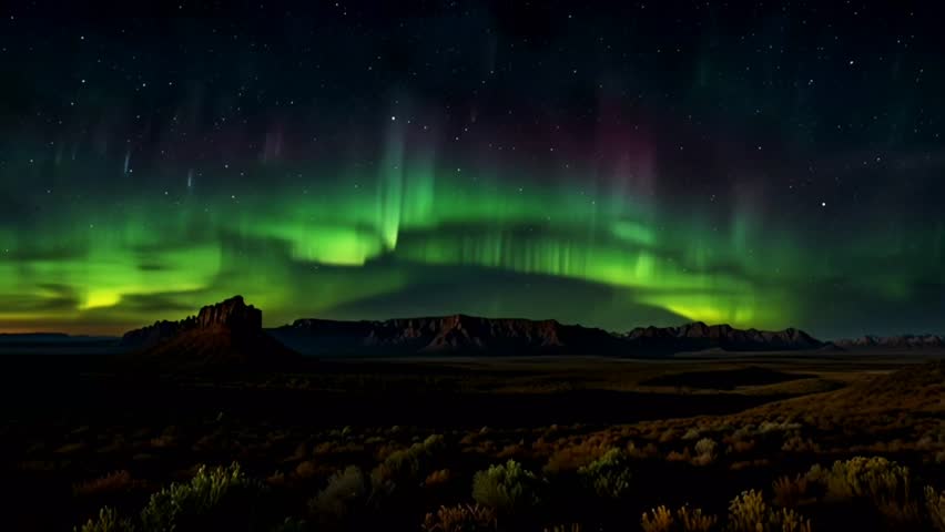 A dramatic night sky painting featuring the aurora borealis dancing over a vast desert landscape.